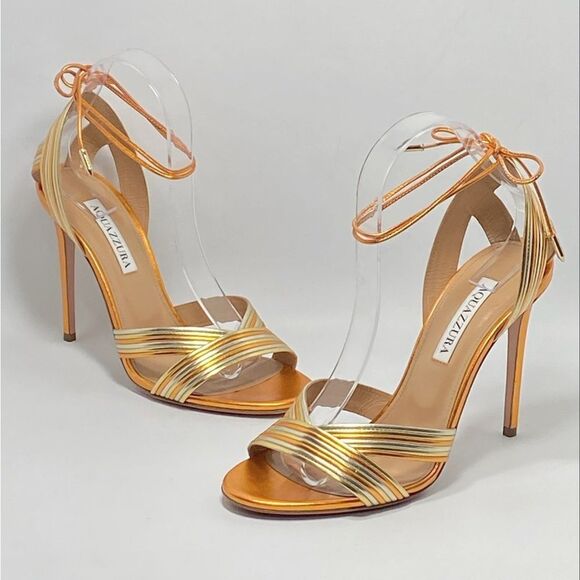 Aquazzura Ari Metallic Leather Ankle-Tie Sandals size 38.5 - Picture 1 of 13